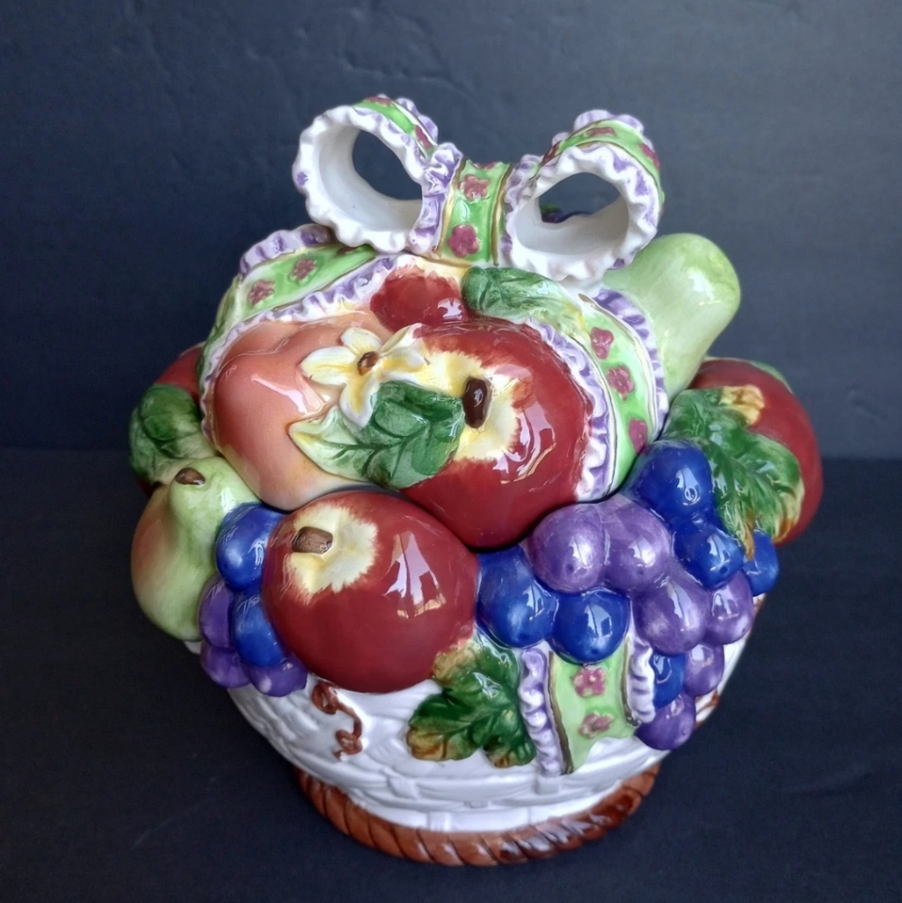 Vintage Fruit Basket Pattern Cookie Jar Canister~Fruit & Ribbons & Bows